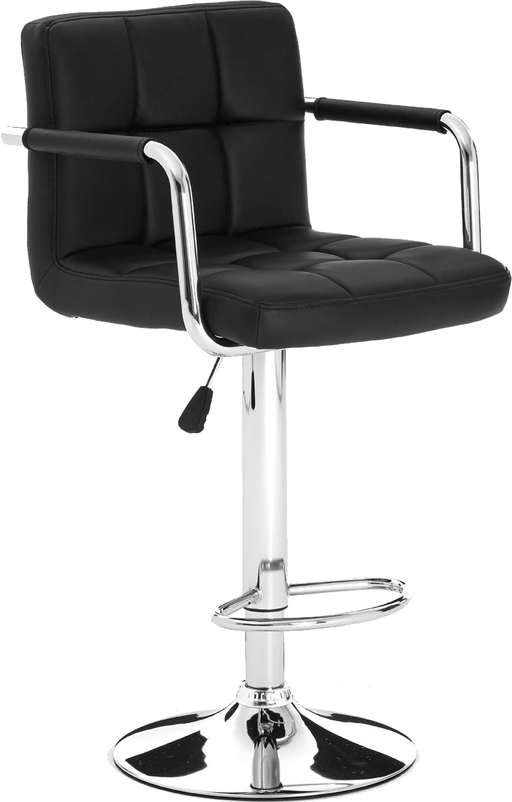 CARDEN Chic Blind Tufted Black Leather Bar Chair with Armrests and Legs in Silver Chrome