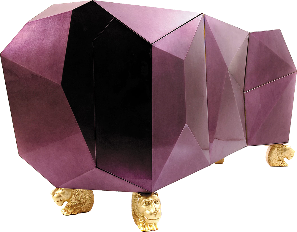 DIAMOND Art Deco Abstract Eggplant Wood Sideboard with Legs in Gold Gold Leaf
