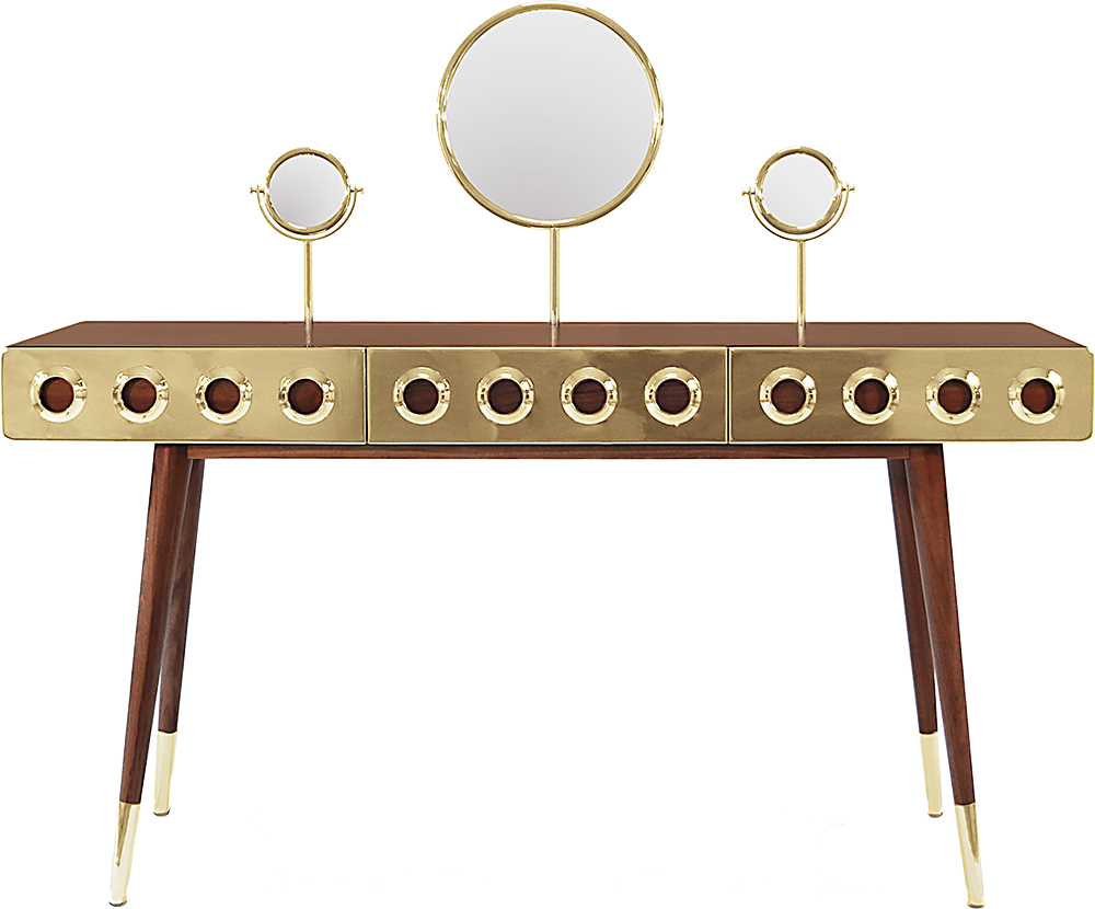 MONOCLES Flashy Embellished Dark Brown Walnut Dressing Table with Tabletop in Marble and Drawers in Old Gold Brass
