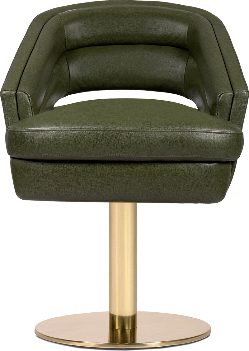 RUSSEL Minimalist Dark Moss Green Leather Dining Chair with Base Frame in Metallic Gold Brass