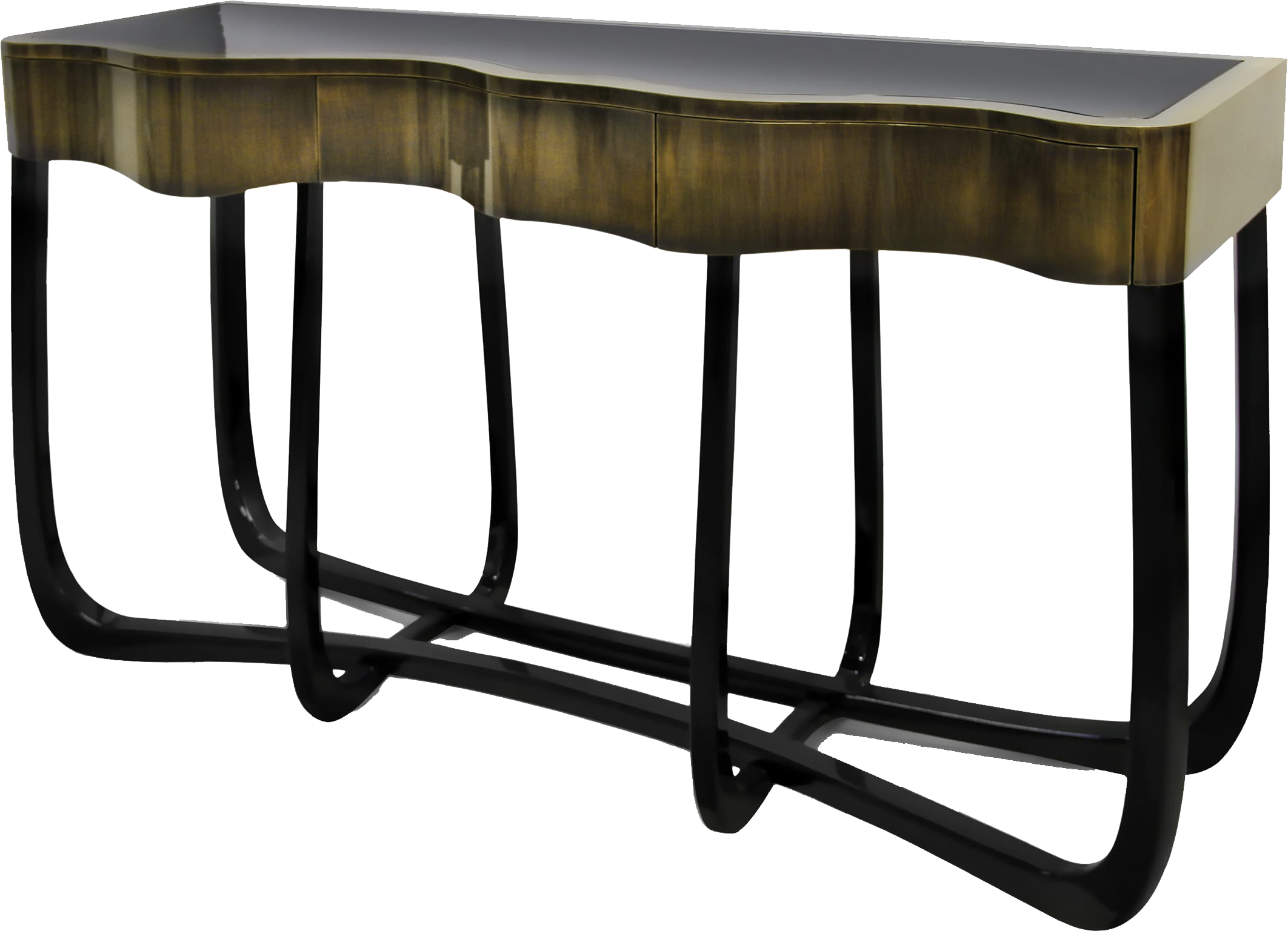 SINUOUS Midcentury Abstract Black Mahogany Console Table with Apron in Gold Brass