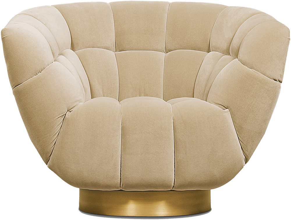 Khaki velvet tufted armchair chair with gold brass base frame and cushions.
