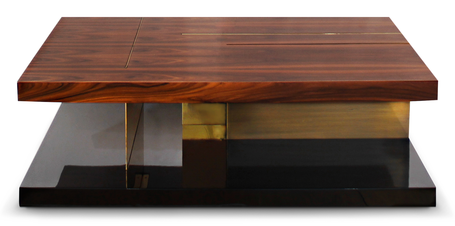 Maroon wood veneer Center table with high gloss black lacquer, polished brass.