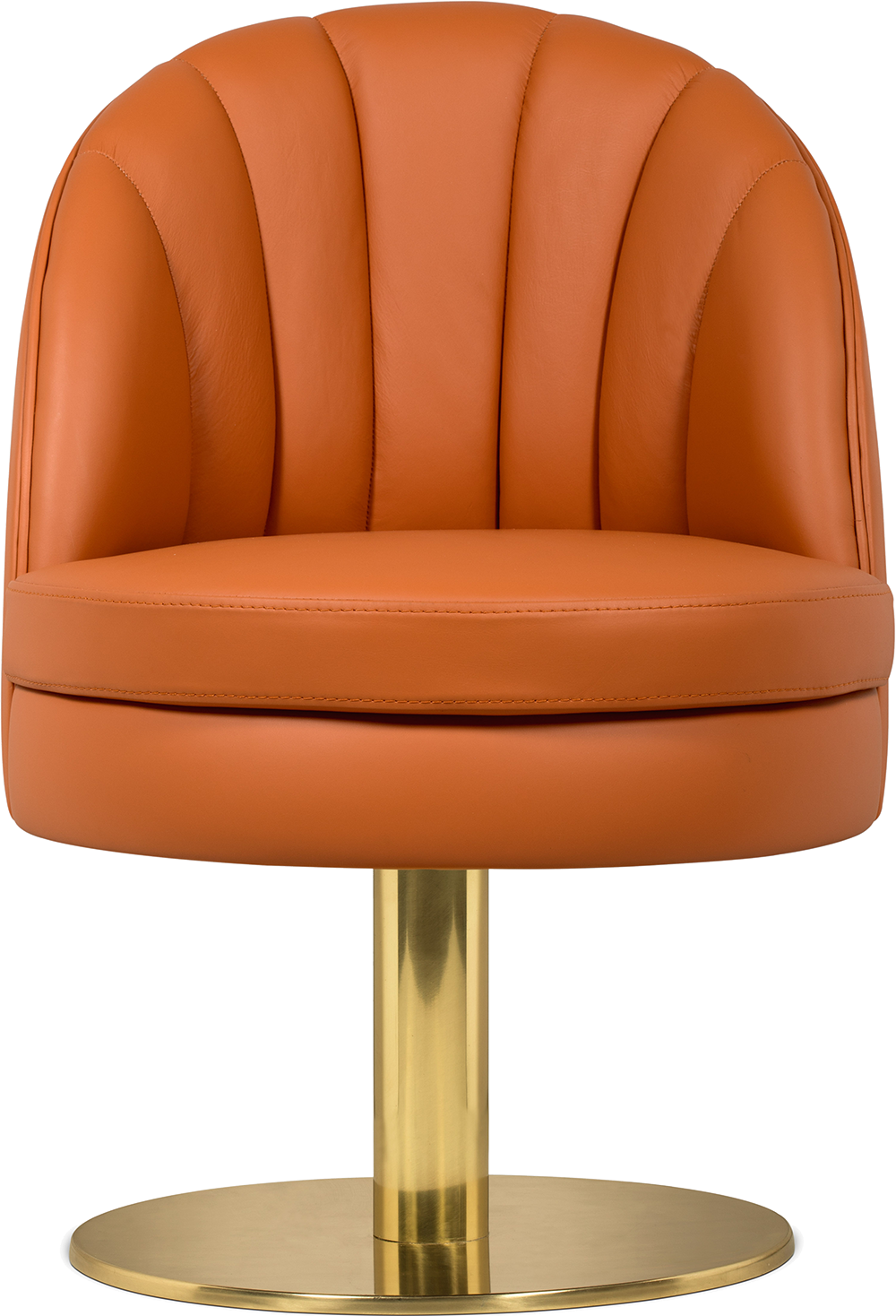 Curved low-back with stitched accents, velvet upholstery, and brass swivel base.