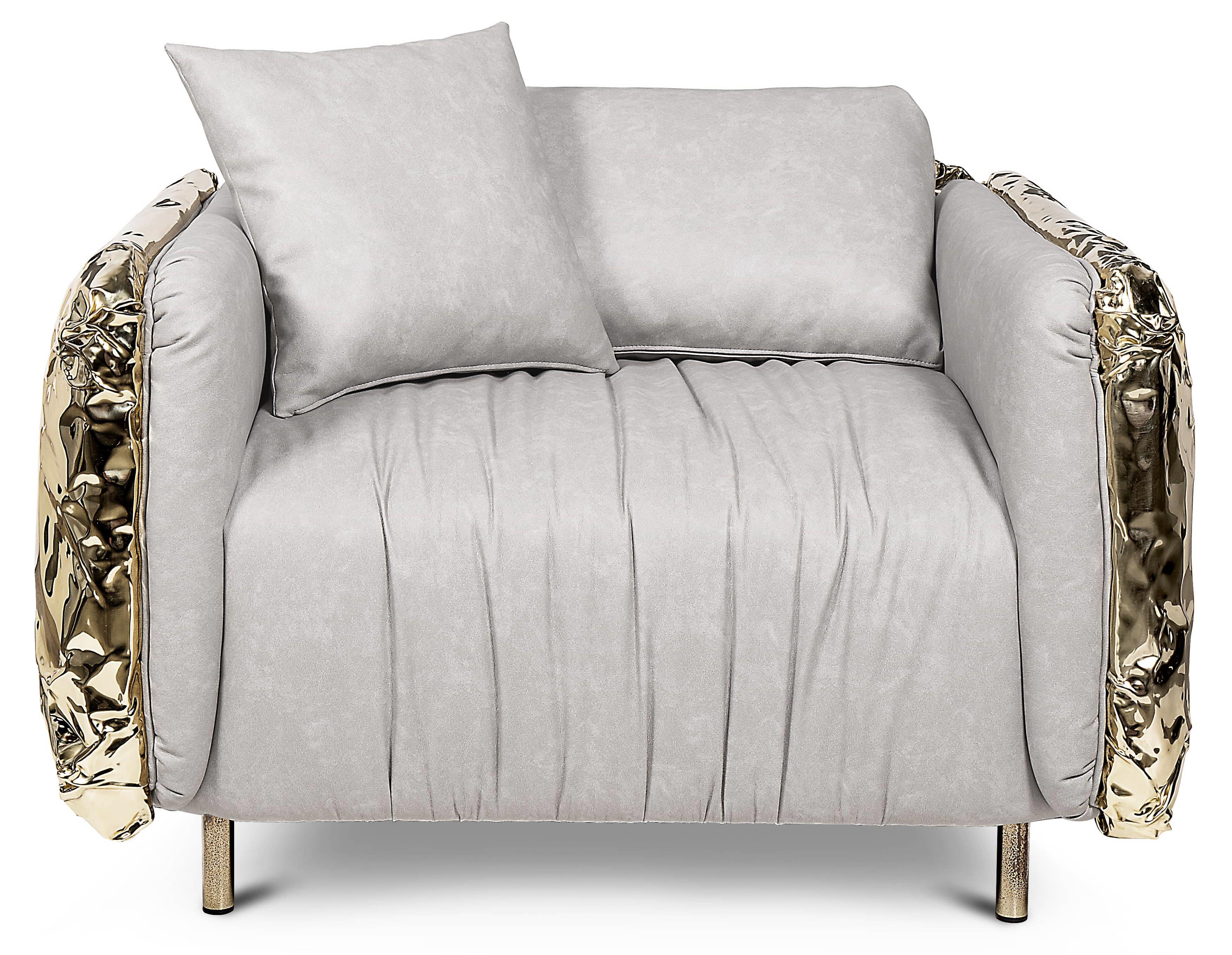 IMPERFECTIO Quirky Embellished Old Gold Brass Lounge Chair with Seat Cushion in Light Grey Synthetic Fabric