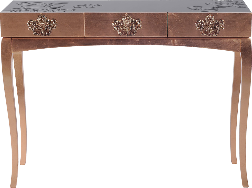TRINITY Pop-art Embellished Copper red Mahogany Console Table with Tabletop in Glass