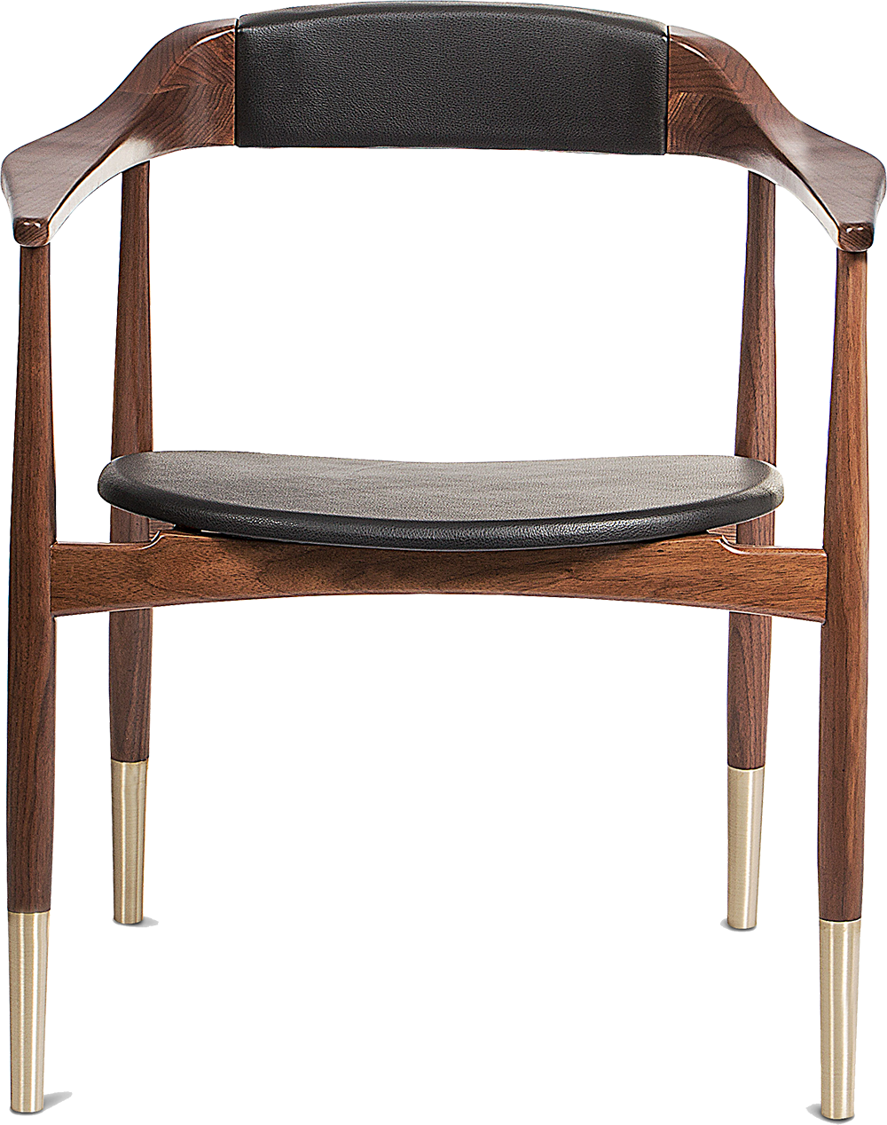 PERRY Minimalist Dark Brown Wood Dining Chair with Seat in Black Leather and Legs in Metallic Gold Brass