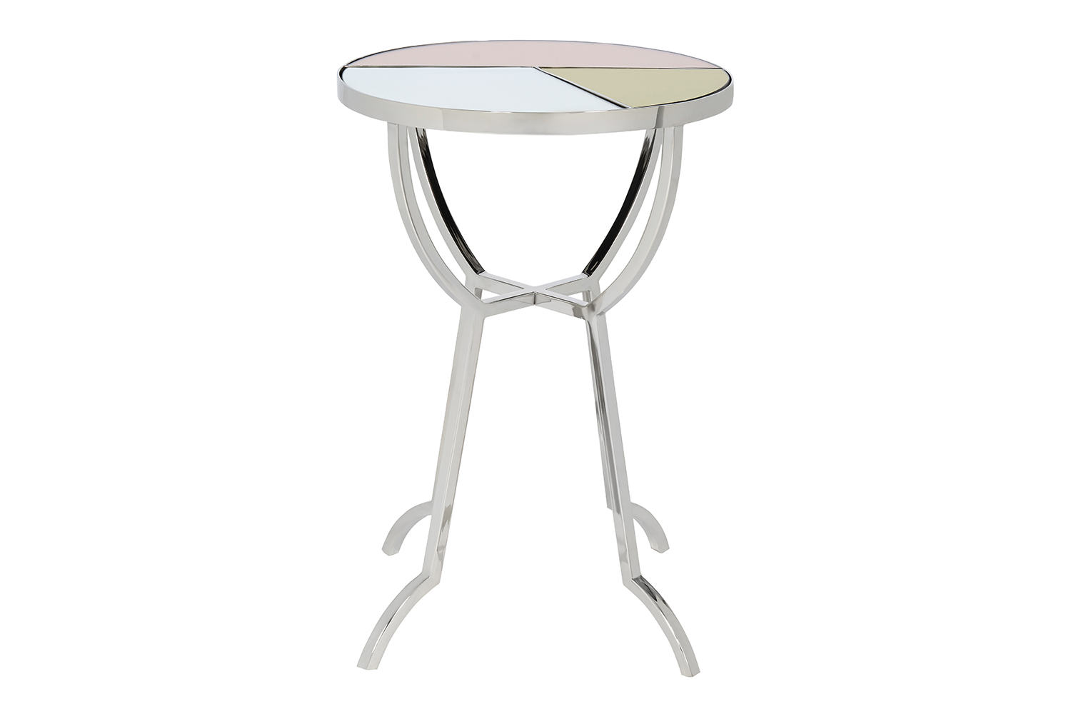 Geometric abstract Silver Nickel Side Table with Pastel Pink Mirror Tabletop