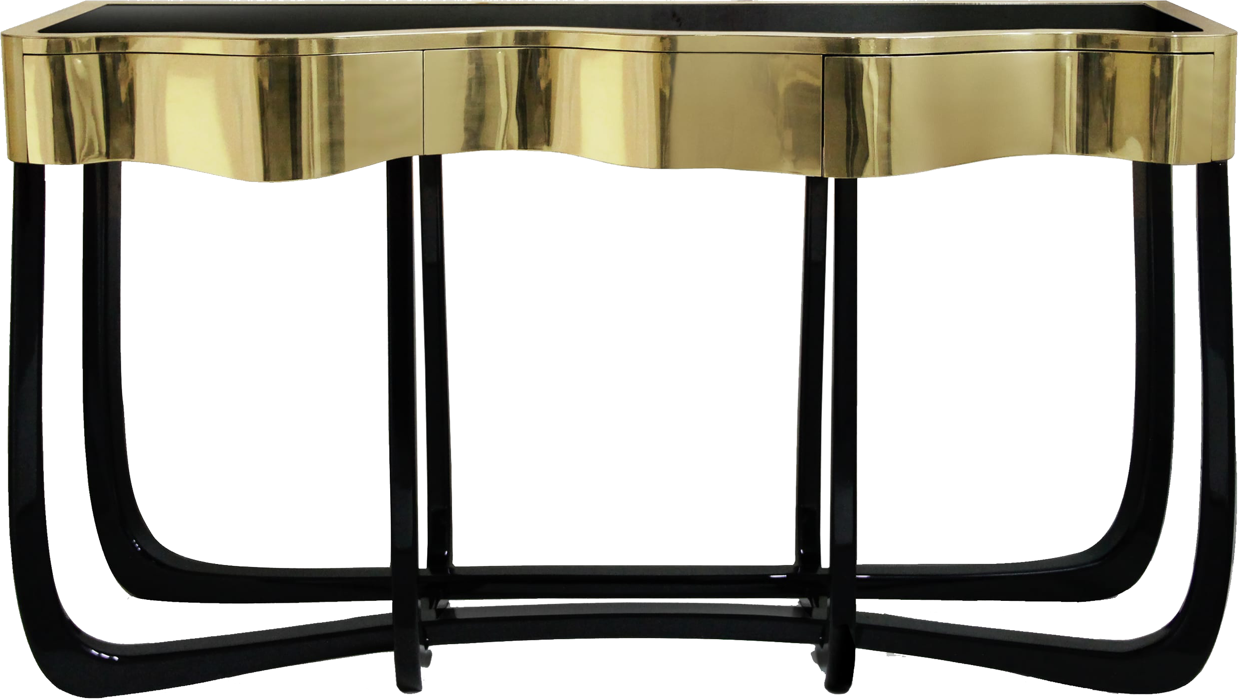 SINUOUS Contemporary Angular Black Mahogany Console Table with Drawers in Old Gold Brass