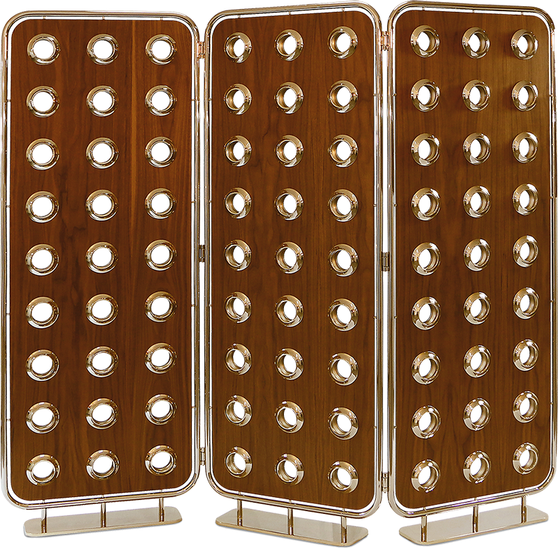 MONOCLES Bold Embellished Freestanding Screen with Body in Dark Brown Walnut and Support Frame in Metallic Gold Brass
