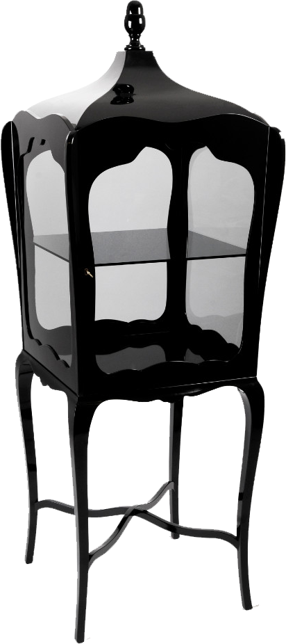PALATINO Ostentatious Embellished Black Mahogany Display Cabinet with Shelves and Outer Frame in Smoked Glass 