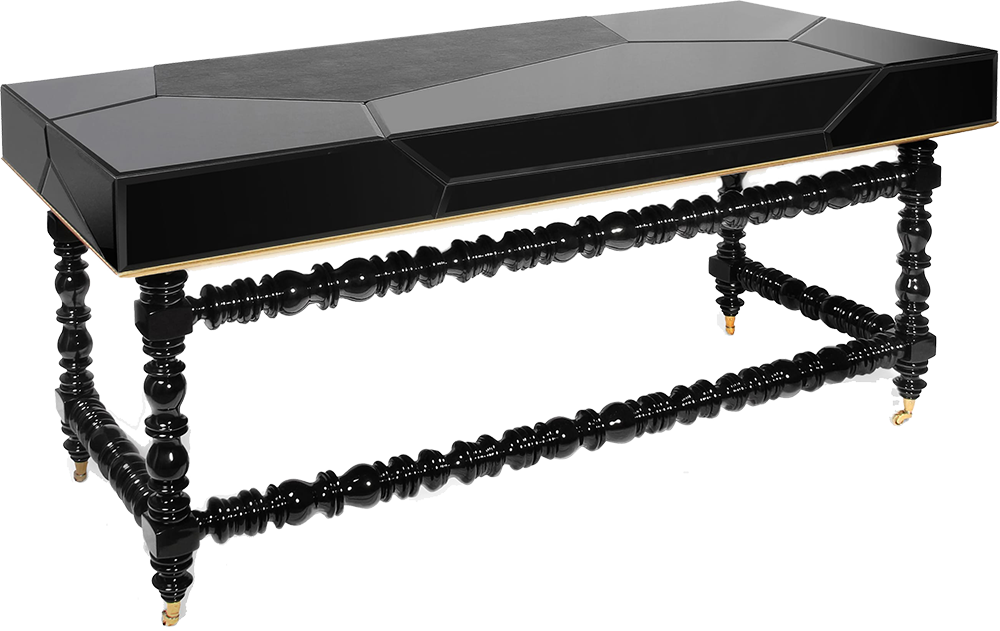 MANU Ostentatious Embellished Black Mahogany Desk with Tabletop in Leather and Base Frame in Old Gold Gold Leaf