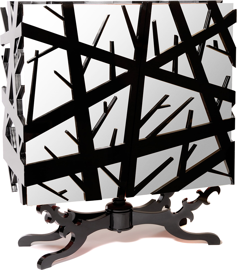 FOREST Quirky Embellished Silver Stainless Steel Cabinet with Legs in Black Mahogany and Shelves in Light Brown Mahogany