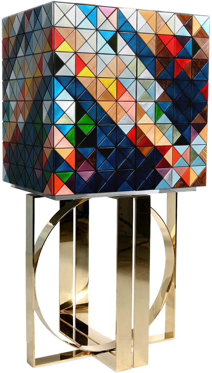 PIXEL Quirky moroccan mosaic Old Gold Mahogany Cabinet with Door Panel in Dark Midnight Blue Silver Leaf