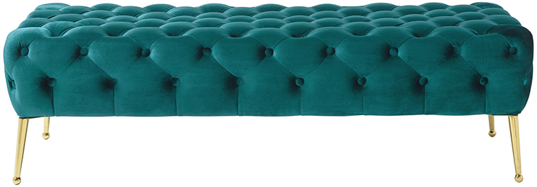 Buttoned Tufting Blue Green Velvet Bench with Metallic Gold Stainless Steel Legs