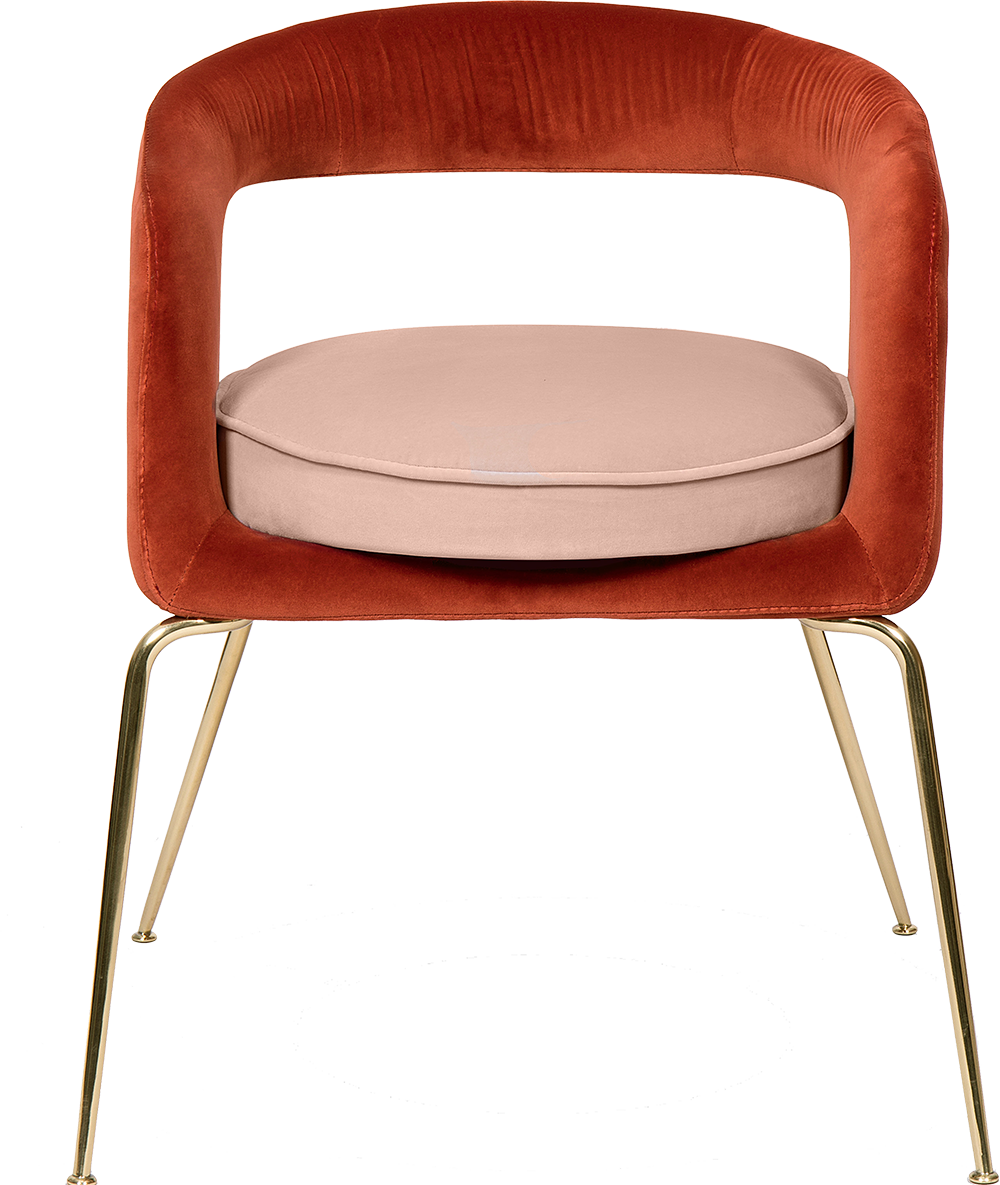 ELLEN Harmonious Ruby Red Velvet Dining Chair with Legs in Metallic Gold Brass and Cushions in Pastel Pink Fabric