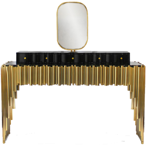 Dressing table with Black glossy drawers, gold plated brass lags.