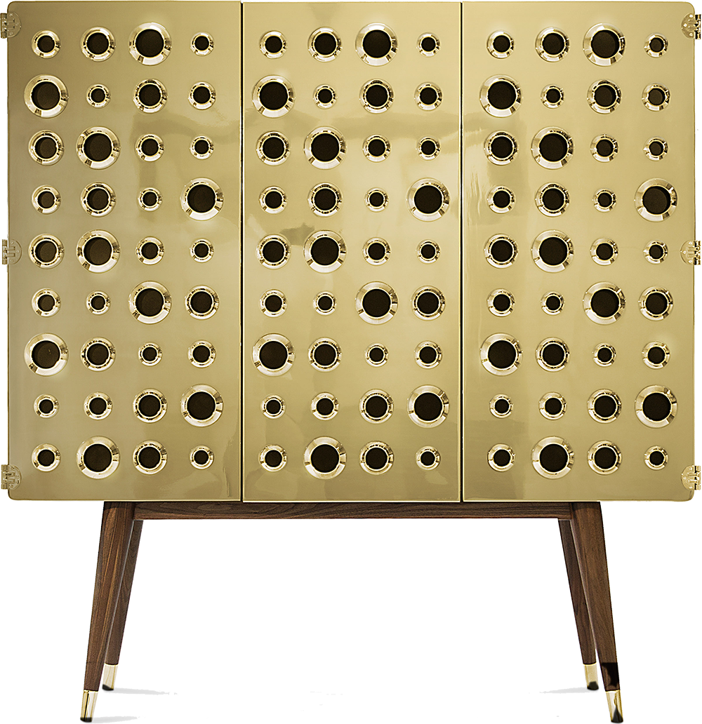 MONOCLES Ostentatious Embellished Dark Brown Walnut Cabinet with Door Panel in Old Gold Brass