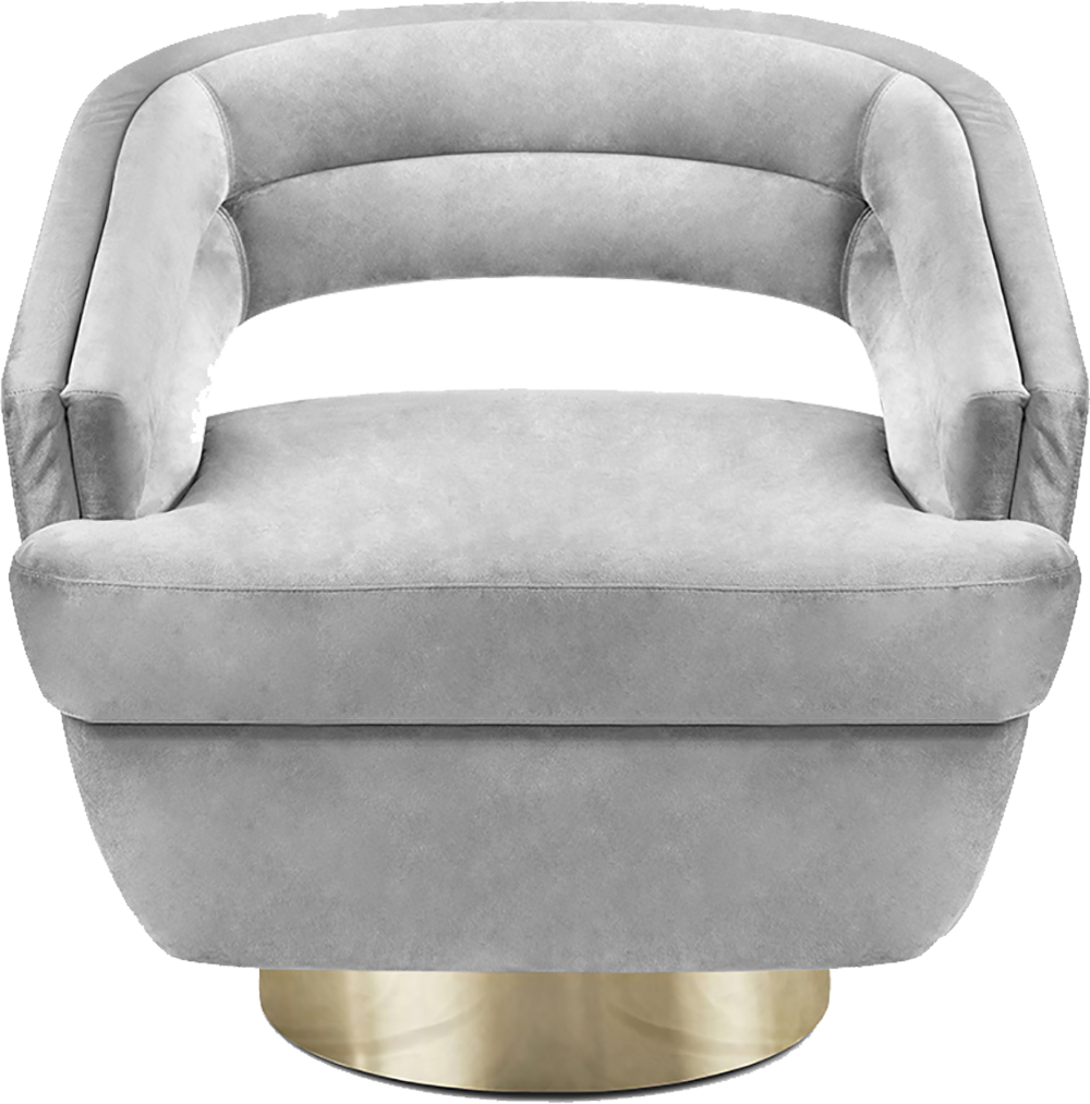 RUSSEL Minimalist Light Grey Velvet Armchair with Legs in Old Gold Brass