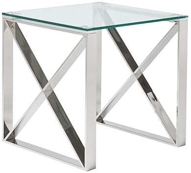 BROOKLYN zen minimalist Side Table with Tabletop in Silver Clear Glass and Base in Silver Stainless Steel