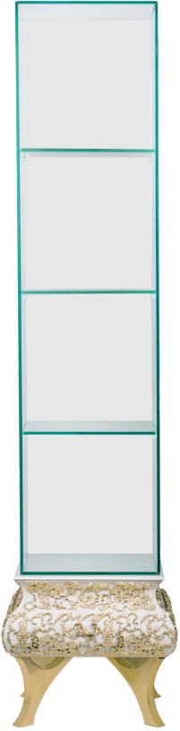 White smoked glass cabinet with golden design white wood drawers and polished Brass legs.