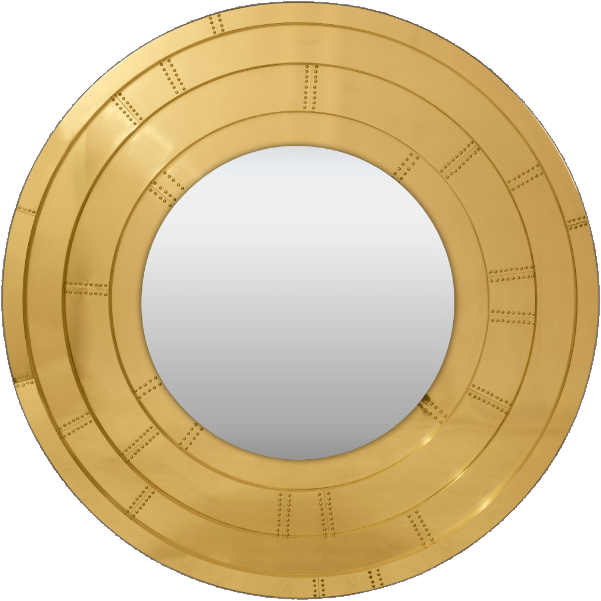 Golden Mirror with engraved nail trims and polished brass circles.