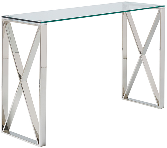 Contemporary Silver Stainless Steel Console Table with Glass Tabletop