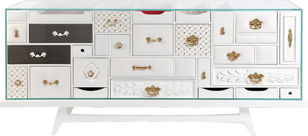 MONDRIAN Quirky Embellished White Mahogany Sideboard with Tabletop in Clear Glass