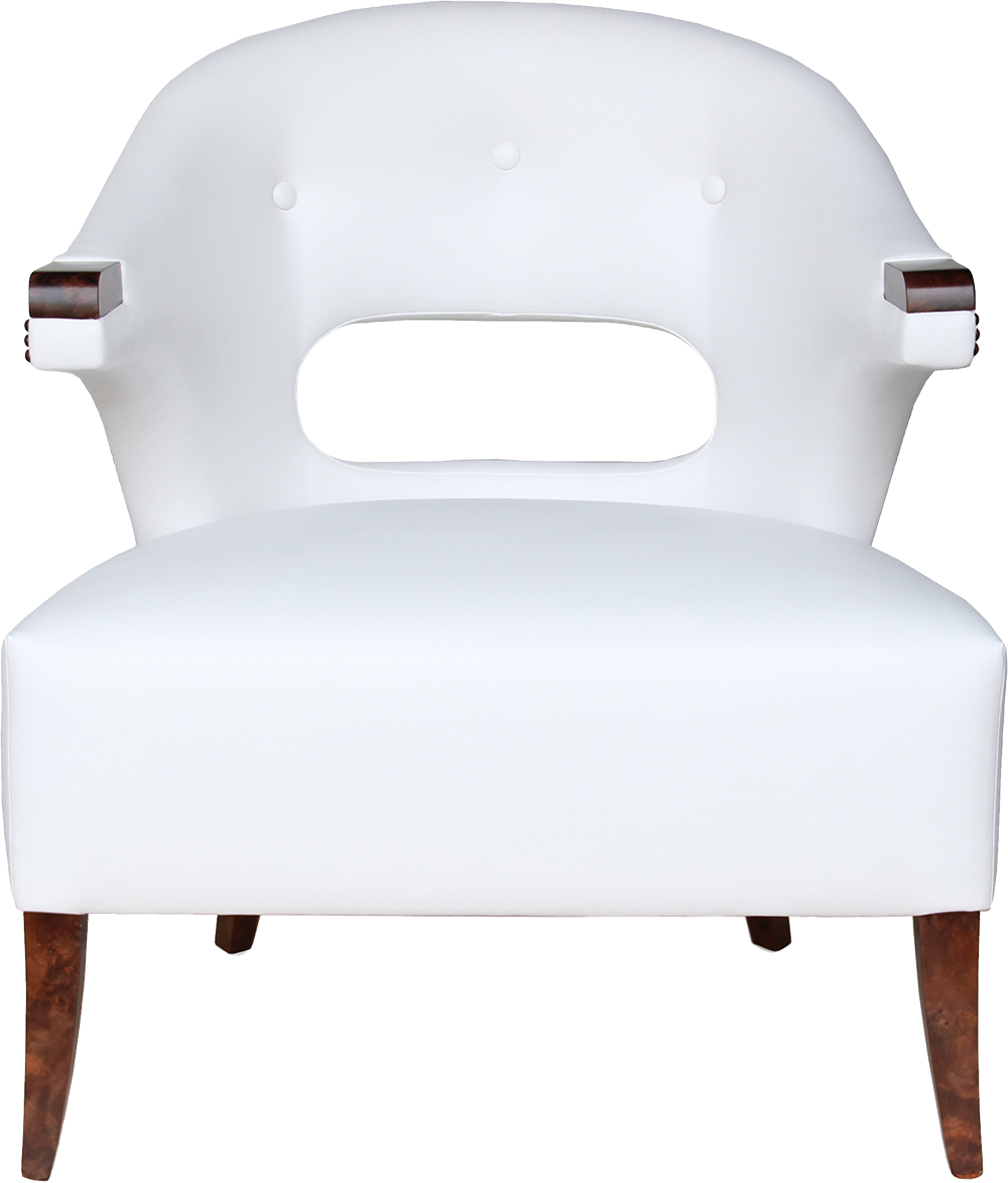 White Synthetic leather armchair with legs and arms in walnut wood, nails in aged gold