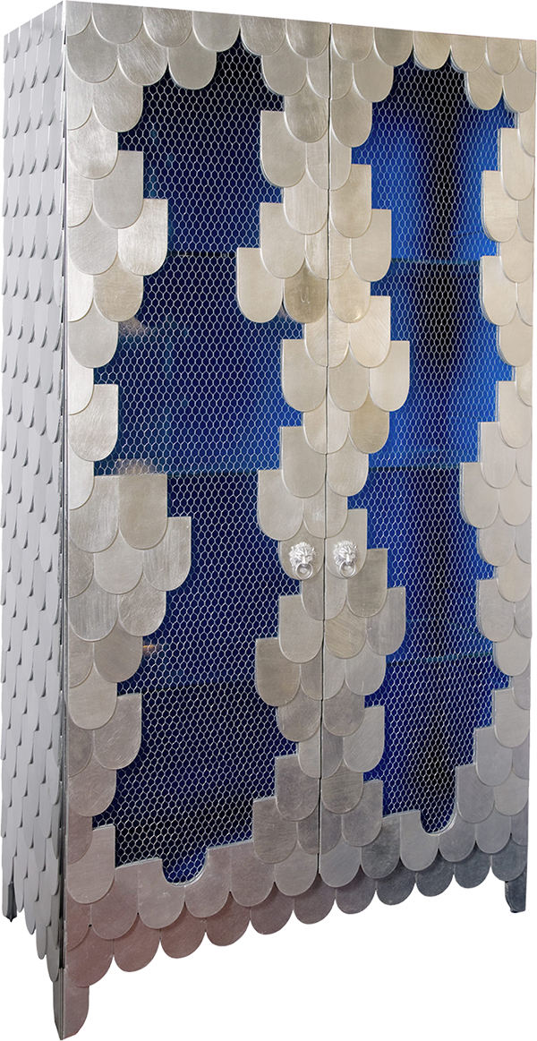 OPORTO Ostentatious Embellished Silver Leaf Cabinet with Door Panel in Prussian Blue and Shelves in Glass