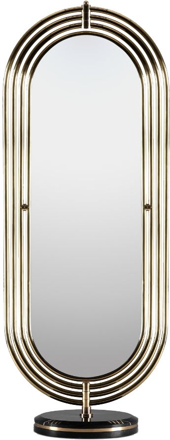 Glossy Mirror with Brass Outer Frame and Black Marble Base