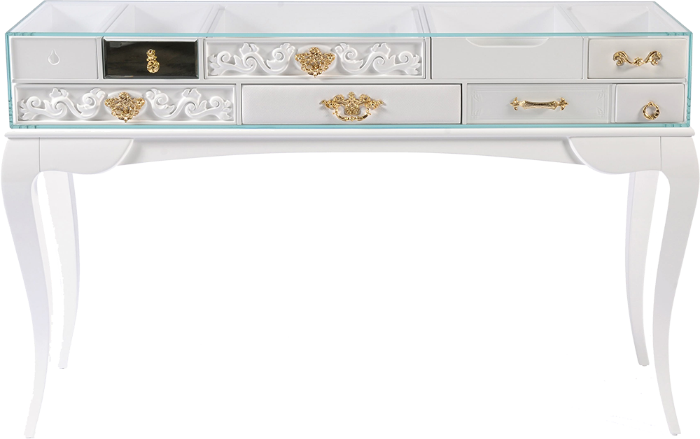YORK Flashy Embellished White Mahogany Console Table with Tabletop in Glass