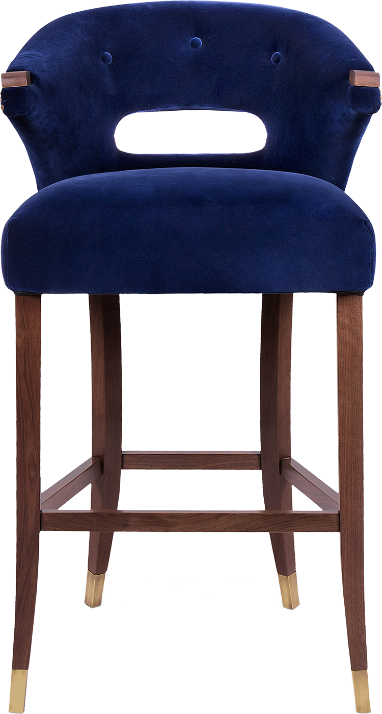Dark navy velvet Bar Chair with Legs in walnut, aged brass and Nails In aged gold