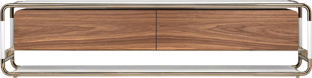 LAUTNER Minimalist marble effect Brown Wood TV Stand with Unit Top in White Marble and Outer Frame in Old Gold Brass