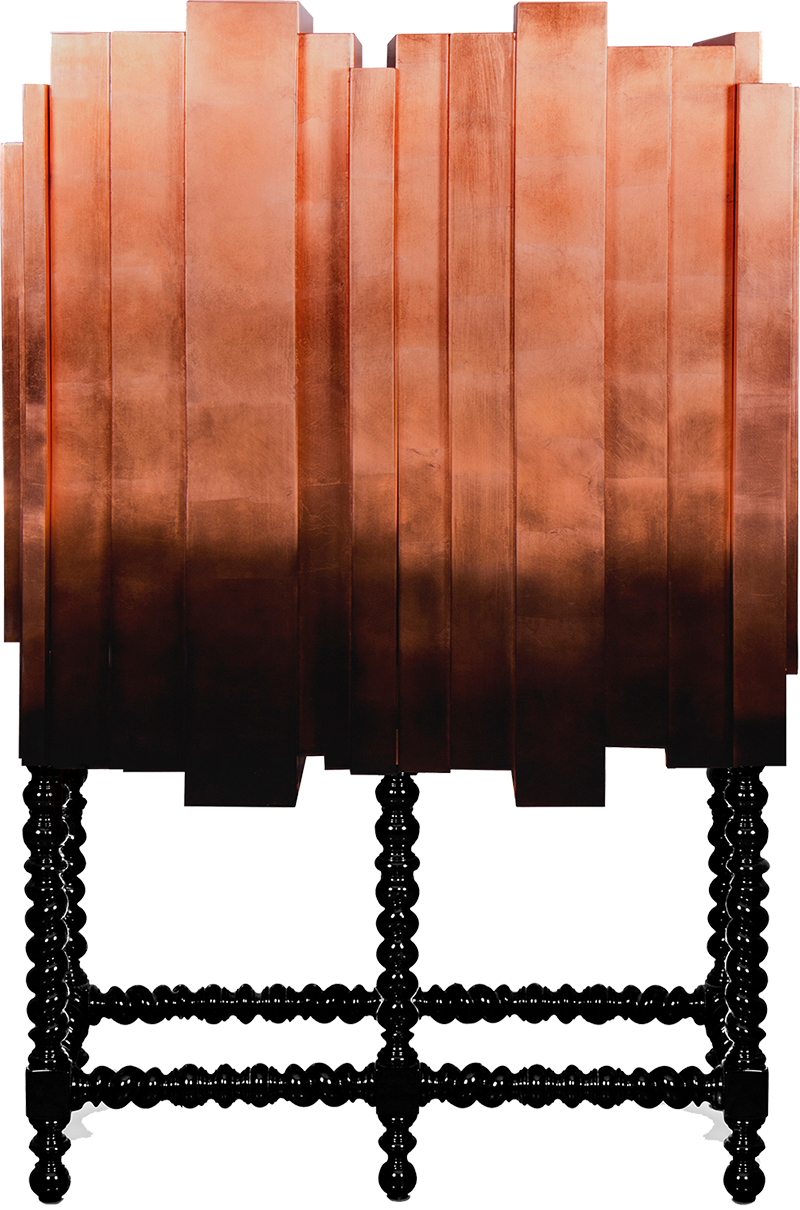 D. Flashy Embellished Copper red Mahogany Cabinet with Legs in Smoky Black Mahogany