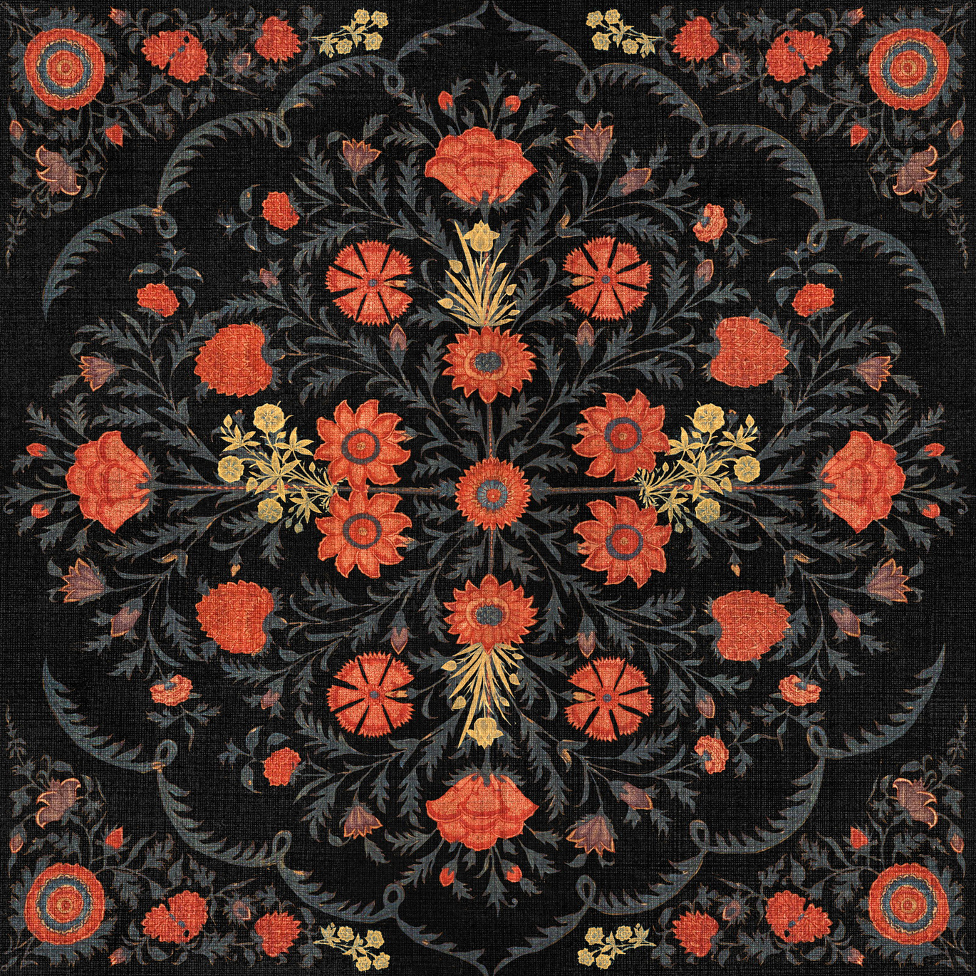 Black Non-woven Substrate Wallpaper with Coral Red Floral Pattern