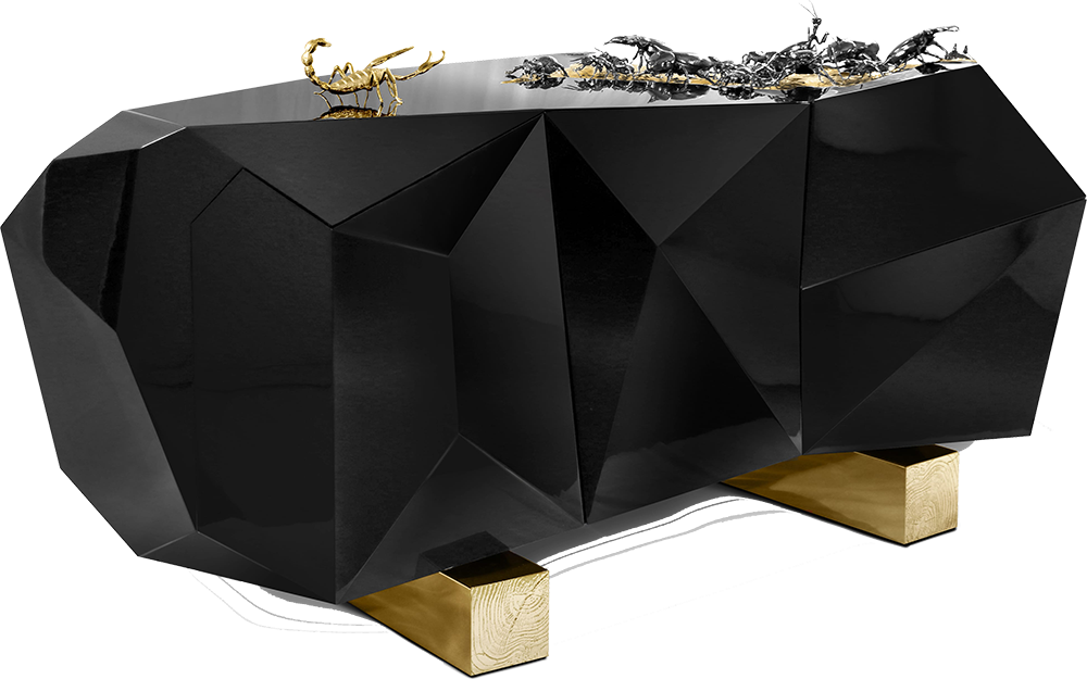 Abstract form Black Wood Sideboard Metallic Gold Brass Legs