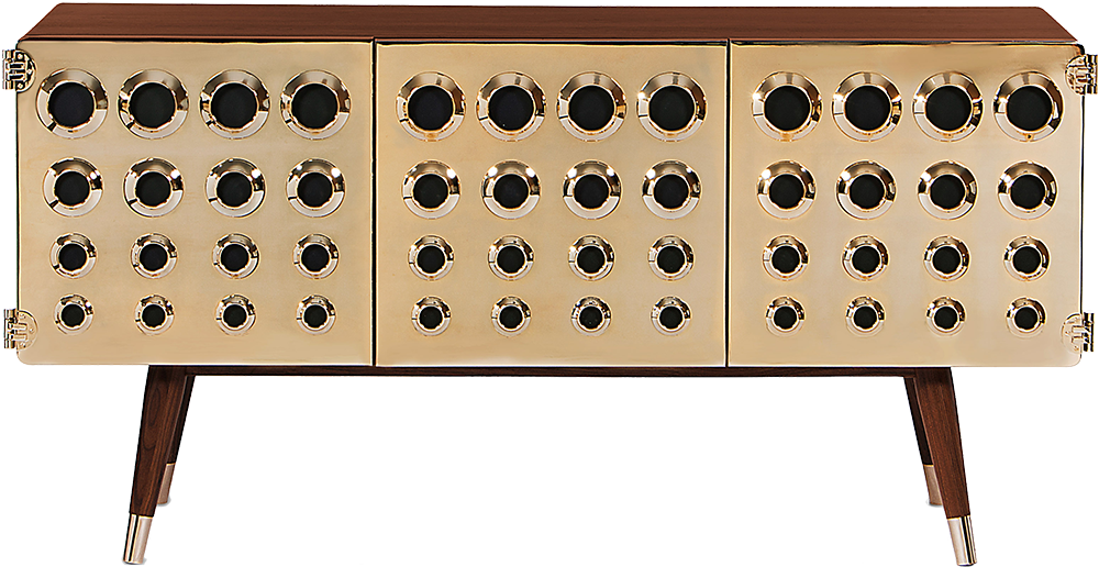 MONOCLES Quirky Embellished Metallic Gold Brass Sideboard with Tabletop and Legs in Dark Brown Walnut