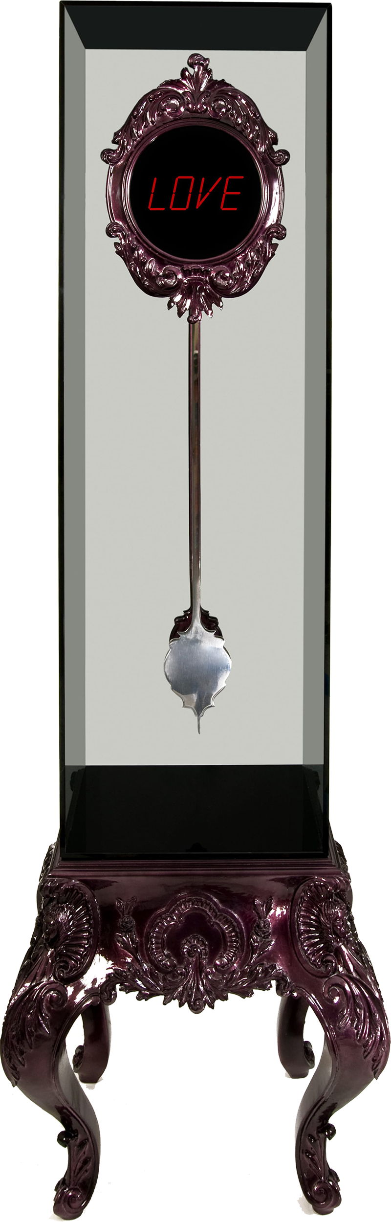 TIME art deco Embellished Maroon Mahogany Clocks with Clock Face in Smoky Black Smoked Glass and Pendulum in Dark Silver Painted Steel 