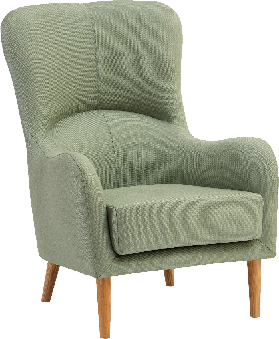 CLIFFORD Modern Luminous Apple Green Polyester Armchair with Legs in Mustard Brown Ashwood